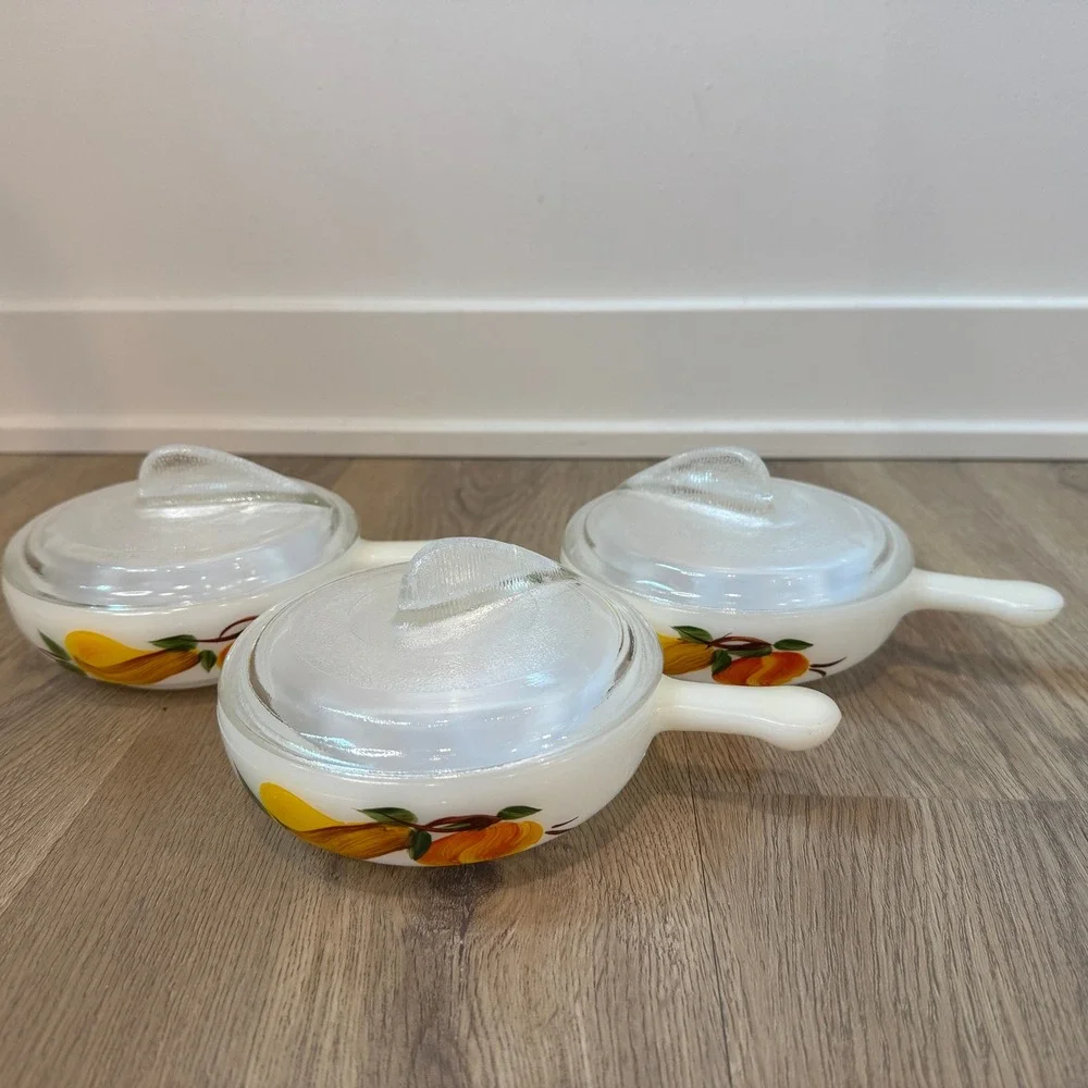 Vintage Glasbake Harvest Pear Milk Glass Soup Bowls with Fin Lids Set of 3 Small